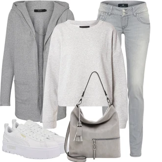 Výstřih na ramena Outfit s Šedá/Světle šedá Pletenina veľkej veľkosti/Kabát/Mikina VERO MODA "Módní vzhled na podzim"