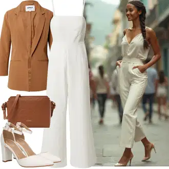 Šik Svatovski gost Outfit sa Siva/Krem/Bijela/Kaki Dugi Kombinezon/Kombinezon i hlače s naramenicama/Kombinezon s užetom/Elegantni Kombinezon/Plisirani Kombinezon/Vjenčanje Kombinezon/Ljetni Kombinezon/Teddy Kombinezon/Kombinezon širokih nogavica/Nekategorizirano about you x iconic by tatiana kucharova "Cool jesenski outfit"Look: Šik, 70-ich