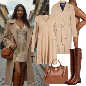 Kombinacije za zabavu S oblinama sa Bež/Narandžasta Kaput/Bluza Veći Broj/Bluza i Tunika Mango "Elegantni jesenski outfit"