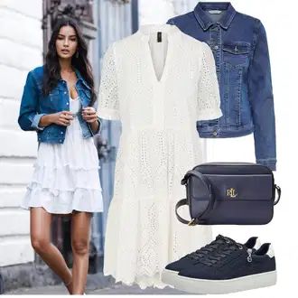 Mom Pričest Outfit sa Krem/Bijela Haljina Veći Broj/Tunika yas "Outfit za svaki dan"Look: Etno, Boho, Mom, Rap, Preodjeven, Hippie, Brvnare, dan na plaži, Majčin dan, Pričest, Koncer, Krštenje