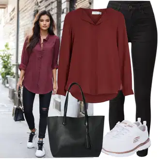 so sponou Outfit s Červená/Tmavě červená Halenka se Stojatým Límcem/Halenka s Dlouhým Rukávem/Slip-on Halenka/Oversize Halenka/Kožená bunda/Hedvábná Halenka/Tunikové Tričko/Jednobarevná Halenka/Dlouhá Halenka/Halenkové Body/Businessová Halenka Vila "Lehký outfit"