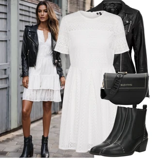 Babydoll, Styl Outfit s Bílá/Krémová/Šedá/Stříbrný Krajkové Šaty/Šaty na Konfirmaci VERO MODA "Cool podzimní outfit"Look: 20 léta, Babydoll, Business, Elegantní, Old Money, Příliš oblečený, Romantický, Univerzitní, Slavnostní
