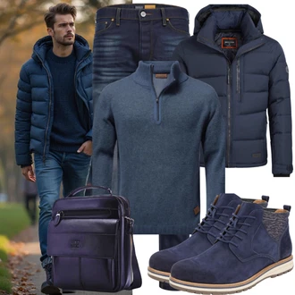Outfit mit DunkelBlau/Blau/Grau Wasserdichter Stiefel/Herren Lederschuhe/Wasserfester Schuh/Klassischer Stiefel/Gefütterte Stiefelette/Winter Stiefelette/Lederjacke/Wattierte Stiefel/Schnürstiefelette/Winter Stiefel Rieker "Freizeit Outfit"