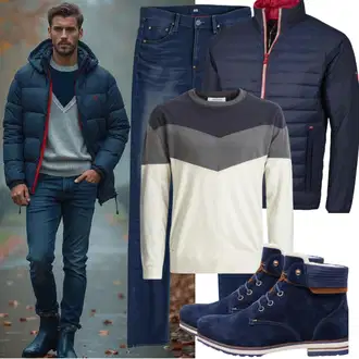 Outfit mit DunkelBlau/Blau/Schwarz Gummistiefelette/Lederjacke/Chelsea Boot Panama Jack "Freizeit Outfit"