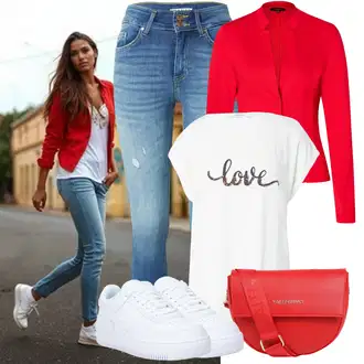 Dlouhé Outfit s Červená/Tmavě červená Teplákový blejzr/Elegantní Sako/Krátké Sako/Bavlněný Sako/Kožená Pánská Bund/Kožená bunda/Pletený Sako/Kožená bunda pro muže/Blejzrové Bund More & More "Perfekt na podzim"