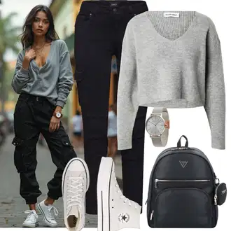 Outfit sa Siva/Bijela/Srebro/Smeđa/Zlatni Ručni sat/Džepni sat/Alat za satove Armani Exchange "Trendovska jesenska odjeća"