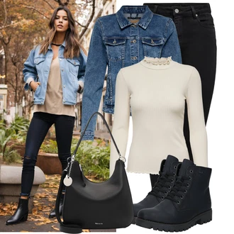 Outfit s Černá/Tmavě modrá Kozačka Šněrovací Kotníková Bota/Kotníková Bota s Podšívkou/Klasická Kozačka/Zimní kotníková bota/Bojová Bota/Gumová Kotníková Bota/Plochá Kotníková Bota/Kožená bunda Rieker "Trendový podzimní outfit"