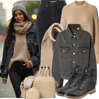 Outfit s Černá Kozačka Šněrovací Kotníková Bota/Motorkářská bota/Bojová Bota/Plochá Kotníková Bota/Kožená kotníková bota/Kotníková Bota s Podšívkou Rieker "Outfit na podzim"