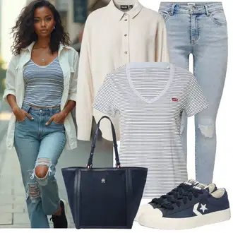 Outfity pro volný čas s Červená/Šedá/Světle šedá/Tmavě modrá Pruhované Tričko levi's ® "Trendový podzimní outfit"