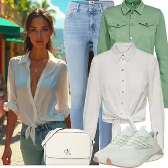 S Mašlí Outfit s Šedá/Khaki/Bílá/Béžová/Krémová Zavazovací Halenka/Halenka S Mašlí/Halenkové Body Only "Trendový podzimní outfit"