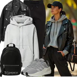 Outfit sa Crna/Siva/Krem Kožna Jakna/Motociklistička jakna/Bajkerska Jakna/Jakna od Umjetne Kože/Vintage kožna jakna Pull&Bear "Odjeća za jesen"