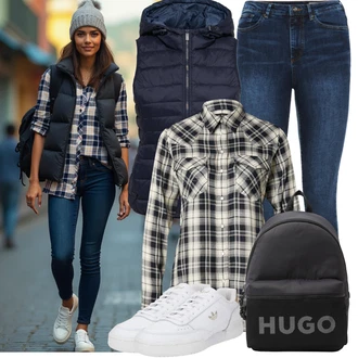 Károvaný Outfit s Modrá/Tmavě modrá/Světle modrá Kalhoty Džínové Legíny/Jeggings VERO MODA "Outfit na podzim"