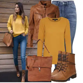Outfit s Oranžová/Hnědá Motorkářská bunda/Kožené Bund/Kožená Bomber Bund/Bunda z Umělé Kůže/Motorkářské Bund/Kožená vintage bunda Maze "Stylový Podzimní Outfit"