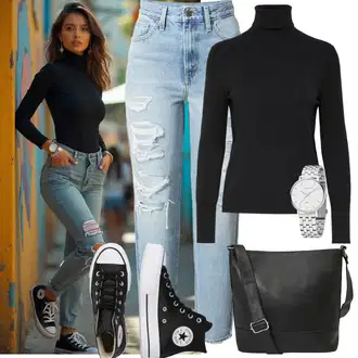 Chuck Taylor All Star Outfit s Černá Plátěná teniska/Zimní tenisky/Tenisky s Bočním Zipem/Skate Bota/Úzká teniska Converse "Trendový podzimní outfit"