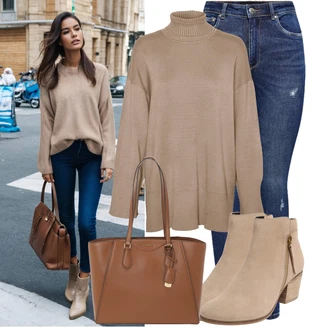 Outfit sa Siva/Smeđa/Kaki/Bež Kašmir Džemper/Basic Džemper/Vuneni Džemper/Džemper Od Kašmira/Carmen Džemper/Pleteni Džemper/Široki Džemper/Pulover s Rol Ovratnikom/Fini Pleteni Džemper/Jednostavni Džemper/Džemper s rol ovratnikom VERO MODA "Šik jesenska odjeća"