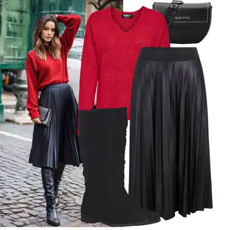 Outfit s Černá/Šedá/Tmavě šedá Sukně do Délky Lýtka/Křesťanská Sukně/Dlouhá Sukně/Maxi sukně/Midi Sukně/Moderní Sukně/Plisovaná sukně/Sukně Pro Matriku Vila "Vkusný podzimní outfit"
