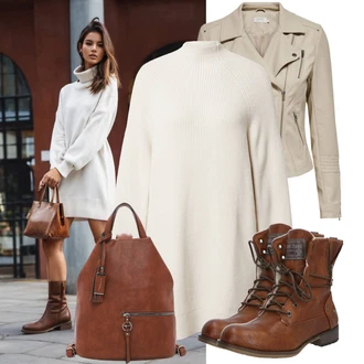 Polo-límec Outfit s Béžová/Khaki/Bílá/Hnědá/Krémová Edited "Vkusný podzimní outfit"