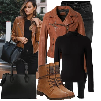 Outfit s Hnědá/Oranžová Kožené Bund Bunda z Umělé Kůže/Kožená vintage bunda/Motorkářská bunda/Motorkářské Bund/Kožené Bund Oakwood "Cool podzimní outfit"