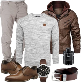 Regen Outfit mit Dunkelbraun/Braun/Khaki Bikerjacke/Herbstjacke/Leder Bomberjacke/Vintage Lederjacke/Jacke mit Seitlichem Reißverschluss/Motorradjacke/Kapuzenjacke/KunstLederjacke/Lederjacke HOOD CREW "Herbst Outfit"
