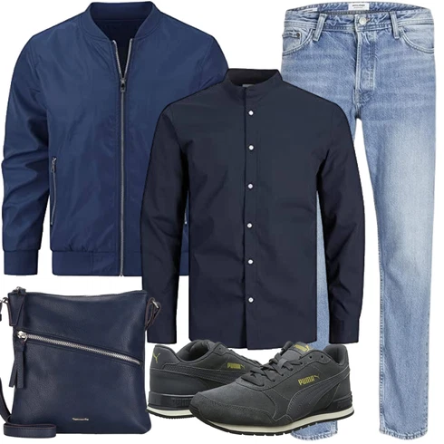 Dunkelblau Blusenoberteil/T-Shirt Langarm-Shirt/T-Shirt mit 3/4-Ärmel/Hemdoberteil/Bügelfreies Hemd/Casual Hemd/Hemdbluse/Businesshemd/Business Hemd Jack & Jones kombinieren