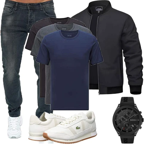 Schwarz/Dunkelgrau/Dunkelblau Nylonjacke/Wendejacke/Fliegerjacke/Kunstfaserjacke/Uniformjacke/Collegejacke/Jacke mit Seitlichem Reißverschluss/Bomberjacke KEFITEVD kombinieren mit T-Shirt