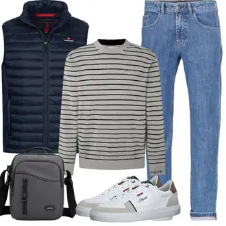 Outfit mit Dunkelblau/Hellblau Kurze Weste/Wendeweste/Reitweste/Reiseweste/Outdoorweste/Isolationsweste/Steppweste/Daunenweste/Puffer Weste Höhenhorn "Herbst Outfits"