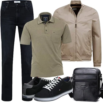 Motorrad Outfit mit Grau/Khaki/Beige/Braun Kastenjacke/Coachjacke/Frühlingsjacke/Kunstfaserjacke/Nylonjacke/Uniformjacke/Wachsjacke/Schlupfjacke/Sommerjacke/Innenfutter Jacke/Fliegerjacke/Bomberjacke/Jacke mit Seitlichem Reißverschluss Indicode "Herbst Outfits"Look: Fitness, Arbeits, Motorrad, Reiten, Freizeit