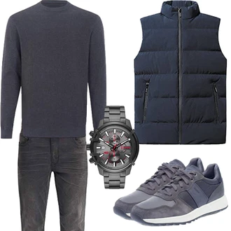 Outfit mit Dunkelblau/Blau/Hellblau Isolationsweste/Kurze Weste/Steppweste/Daunenweste/Puffer Weste/Outdoorweste RUGAN "Herbst Outfits"