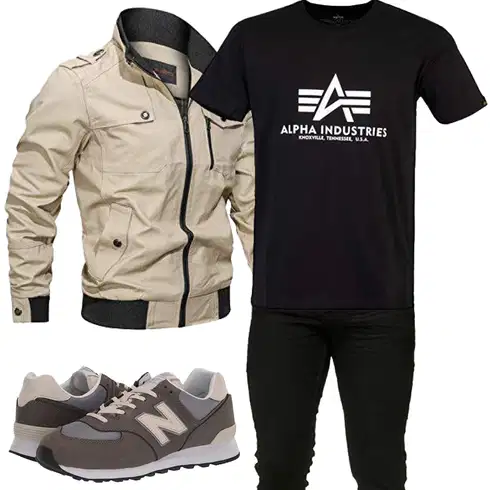 Khaki/Beige Herbstjacke/Cargojacke/Trachtenstrickjacke/Uniformjacke/Jacke mit Seitlichem Reißverschluss/Frühlingsjacke/Militärjacke/Sommerjacke/Fliegerjacke/Bomberjacke Minetom kombinieren mit Schwarz T-Shirt Alpha Industries