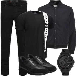 Stil Outfits Skater mit Schwarz/Dunkelgrau Collegejacke/Wachsjacke/Kunstfaserjacke/Nachhaltige Jacke/Coachjacke/Nylonjacke/Bomberjacke Jack & Jones "Herbst Outfits"Look: Workwear, Büro, Skater, Unisex, Moderne, Coole, Schön
