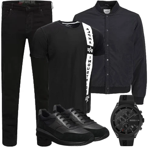 Schwarz/Dunkelgrau Collegejacke/Wachsjacke/Kunstfaserjacke/Nachhaltige Jacke/Coachjacke/Nylonjacke/Bomberjacke Jack & Jones kombinieren mit T-Shirt Alpha Industries