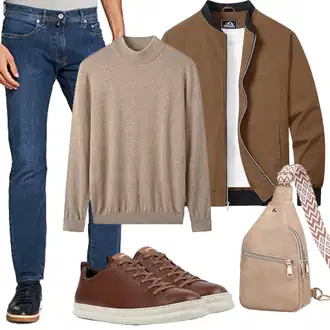 Outfit mit Braun/Beige Mini-Rucksack/Gürteltasche/Schultertasche/Geflochtene Tasche/Mini-Rucksack/Umhängetasche Suweir "Herbst Outfits"