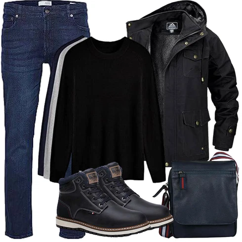 Fell Schwarz/Dunkelblau/Blau Wattierte Stiefel/Wasserdichter Stiefel/Winter Stiefel/Wasserfester Schuh/Klassischer Stiefel/Herren Lederschuhe/Winter Sneaker/Winter Stiefelette/Gefütterte Stiefelette AX BOXING kombinieren