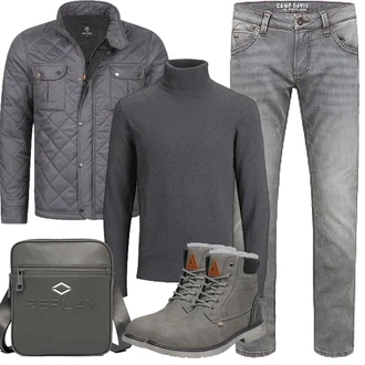 Outfit mit Grau/Hellgrau/Dunkelgrün/Dunkelgrau/Khaki Wasserfester Schuh/Wattierte Stiefel/Winter Stiefel/Herren Lederschuhe/Gefütterte Stiefelette/Klassischer Stiefel/Wasserdichter Stiefel/Winter Sneaker/Winter Stiefelette Mishansha "Herbst Outfits"
