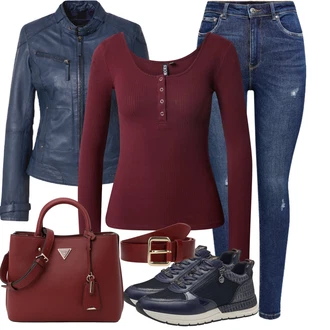 Outfit s Modrá/Tmavě Modrá Kožené Bund Bunda z Umělé Kůže/Kožené Bund/Motorkářské Bund/Motorkářská bunda/Kožená vintage bunda/Bunda s Bočním Zipem/Kožená Bomber Bund Maze "Vkusný podzimní outfit"