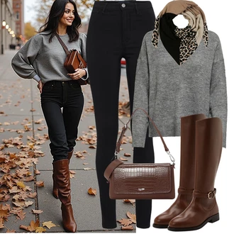 Cowgirl Outfit sa Tamnosmeđa/Smeđa/Bež Čizmica Čizma za Jahanje "Odjeća u jesenskim bojama"Look: Chic, cool, Cowgirl, Elegantan, Prekrasan, Old Money, Western