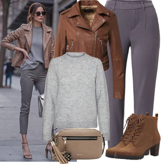 Outfit s Hnědá/Oranžová/Tmavě hnědá Kožené Bund Bunda z Umělé Kůže/Motorkářská bunda/Kožené Bund/Motorkářské Bund/Kožená vintage bunda Oakwood "Cool podzimní outfit"