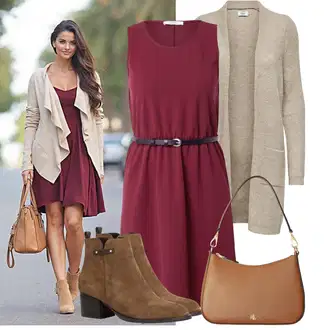 Výstřih na ramena Outfit s Červená/Tmavě červená/Fialová/Růžová Žerzejové Šaty/Šaty Bez Rukávů/Pouzdrové Šaty/Šaty s Páskem About You "Cool podzimní outfit"