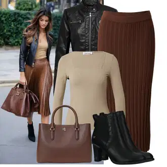 Outfit sa Smeđa/Tamnocrvena/TamnoSmeđa/Crvena Pletena Suknja/Zimska Suknja/Suknja do Potkoljenice A Lot Less "Cool jesenski outfit"