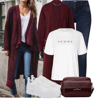 St?edov?k Outfit s Tmav? ?ervená/Vínová/Fialová Dlouhé Kardigany/?upan/Zimní svetr/Vln?ný kardigán/Svetr kroj/Svetr s pod?ívkou river island "Trendový podzimní outfit"Look: St?edov?k, P?íli? oble?ený, Nadrozm?rné, Univerzitní