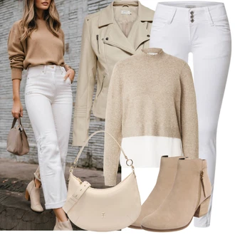 Elegantní Outfit s Šedá/Bílá/Krémová Push up Džín/Kožené Boty/Džíny s Rozparkem/Slim Fit Džíny/Kotníková Bota/Džíny s Nízkým Sedem/Dámské Džíny s Délkou 7/8/High Waist Džínové Kalhoty/Kožená bunda/Capri Džíny Hailys "Nápadný look na podzim"Look: Klasické, Cool, Elegantní, Krásný, Old Money, Premium, Bezešvé, Skromné