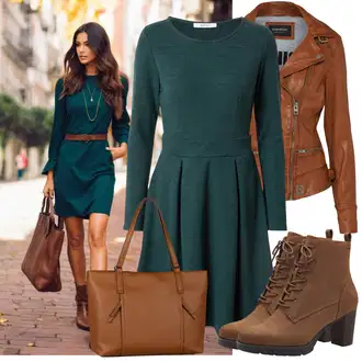 Dugački rukavi Outfit sa Tamnozelena/Zeleno/Tirkizna Haljina Veći Broj About You "Cool jesenski outfit"