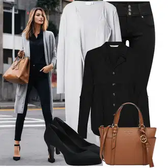 Zapínání na knoflíky Dlouhé Outfit s Šedá/Světle šedá Pletenina veľkej veľkosti/Tunika/Šaty Móda Pro Plnoštíhlou Vila "Vkusný podzimní outfit"