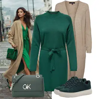 Výstřih na ramena Outfit s Tyrkysový/Tmavě zelená Pletené Šaty/Svetrové Šaty/Zimní Pletené Šaty Only "Trendový podzimní outfit"