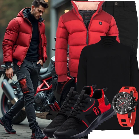 Schwarz Rollkragenpullover/2-in-1 Pullover Tchibo kombinieren mit Schwarz/Grün/Dunkelblau Cargo-Jogginghose/Cargohose Dickies