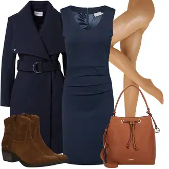 Outfit sa Tamnoplava Uska Haljina/Pamučna haljina/Pletena Haljina/Platnena Haljina/Haljina s Prednjim Patentnim Zatvaračem/Haljina Ravnog Kroja/Poslovna Haljina/Haljina za ured/Haljina Bez Rukava Kaffe "Šik jesenska odjeća"