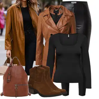 Outfit s Hnědá/Béžová/Oranžová Kabát z Jehněčí Kůže/Trenčkot/Umělá Kůže Kabát/Kožený Kabát/Trenčkot Maze "Cool podzimní outfit"
