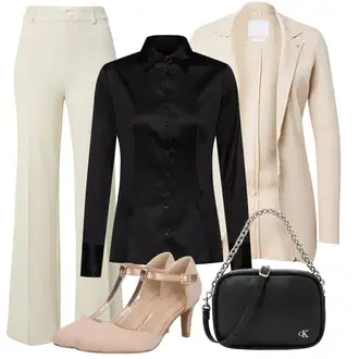 outfit mit Khaki/Bež Zvončaste Hlače/Bootcut Hlača/Nagubane Hlače/Obleka Hlača/Razširjena Hlača/Hlače z Visokim Pasom/Marlene Hlača/Hlače iz muslina/Palazzo Hlača/Hlača z Razporkom about you x laura giurcanu "Jesenska obleka za prosti čas"