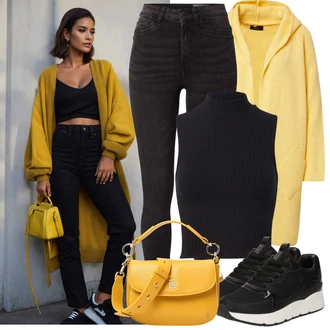 Outfit s Žlutá Pletený Oděv Zimní svetr/Svetr s podšívkou/Kašmírový kardigán/Svetr kroj/Vlněný kardigán/Župan/Dlouhé Kardigany Zwillingsherz "Nápadný look na podzim"