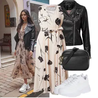 Výstřih na ramena Outfit s Béžová/Hnědá/Růžová Společenské šaty pro hosta/Šaty S Potiskem/Maxi Šaty/Šaty Bez Rukávů/Dlouhé Letní Šaty/Šaty s Páskem/Midi Šaty/Zavinovací Šaty twinset "Perfekt na podzim"